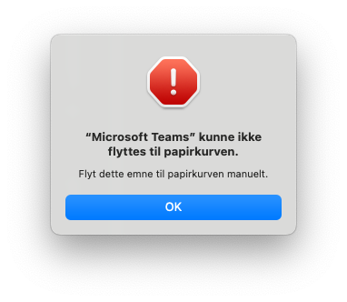 "Microsoft Teams" kunne ikke flyttes til papirkurven.