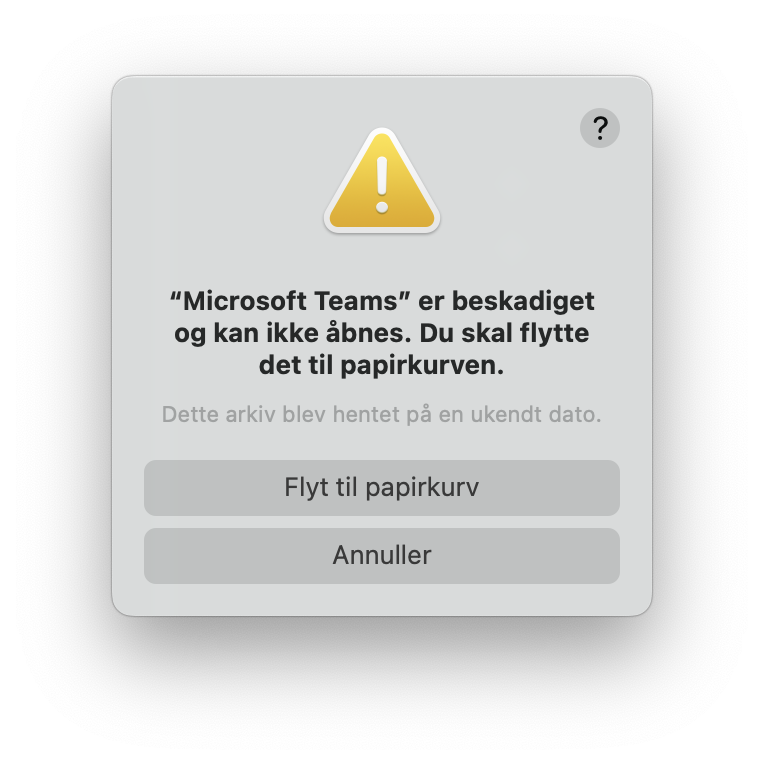 "Microsoft Teams" er beskadiget og kan ikke åbnes. Du skal flytte det til papirkurven.